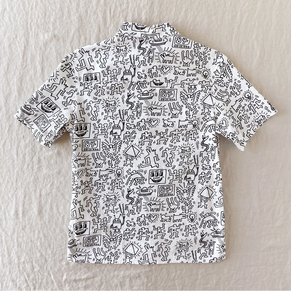 Keith Haring x HM printed white & black short sleeve button down shirt cotton - Picture 5 of 8